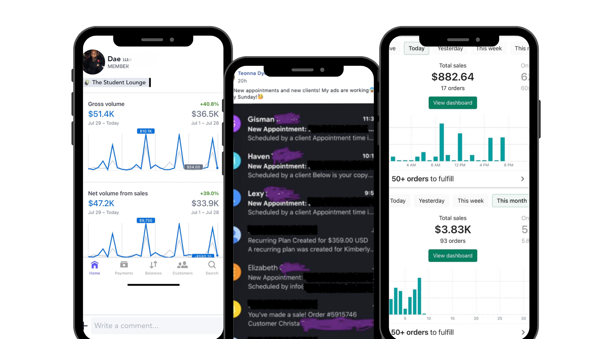 Three student phones showing daily sales, new appointments and order dashboards