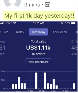 Preet's first $1,000 day: US$1.11k across 16 orders